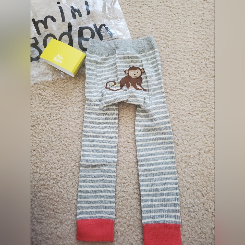 Mini Boden Striped Gray and Coral Knit Tights with Monkey Design